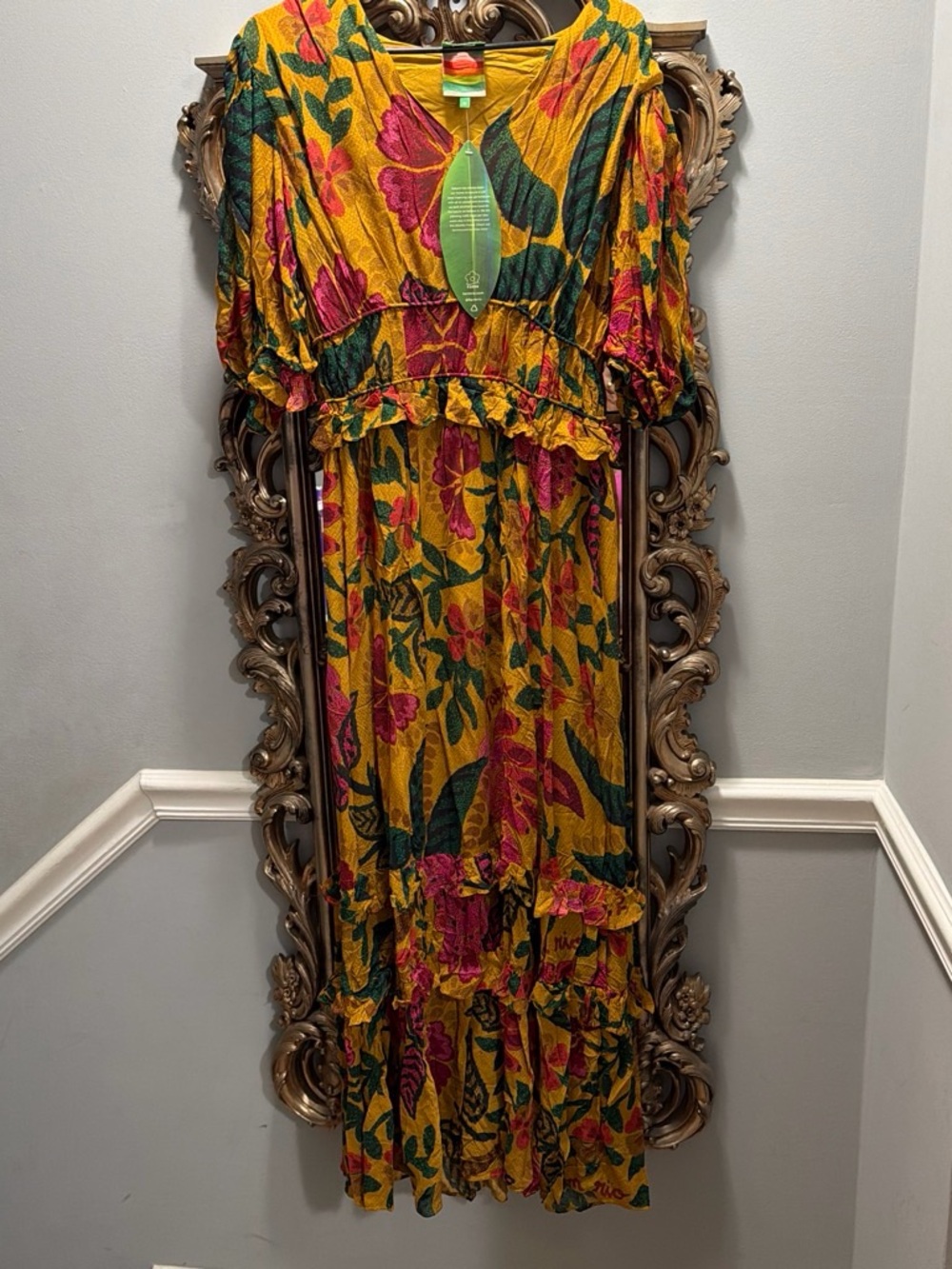 NWT FARM Rio Yellow Floral Maxi Dress with Pink & Green Print